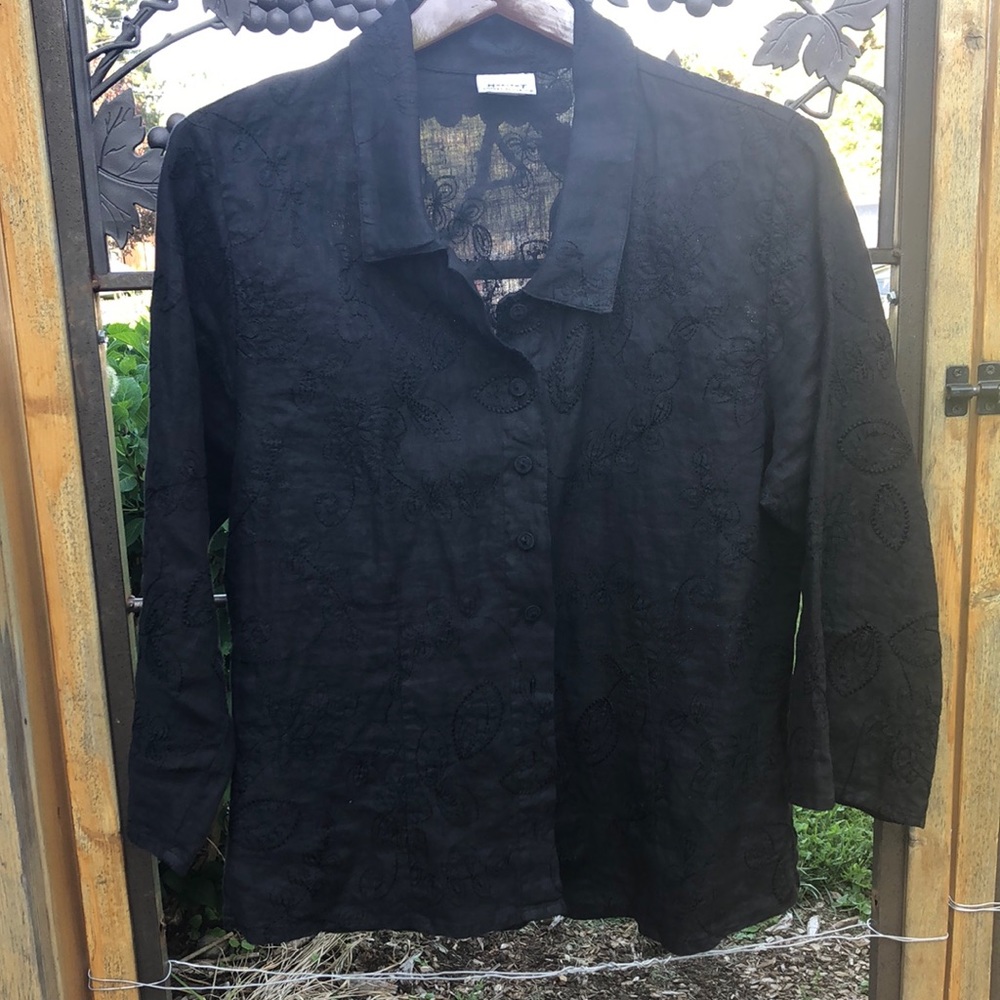 Habitat black embroidered linen button front shirt size L